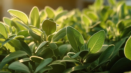 Close up of green leaves in the garden at sunset. Nature backgroundの素材