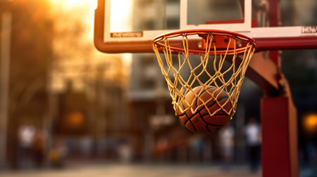 Basketball ball and basket in the street basketball court. Blurred backgroundの素材