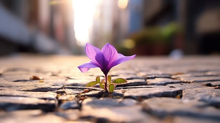 Beautiful purple crocus flower growing on a cobblestone streetの素材