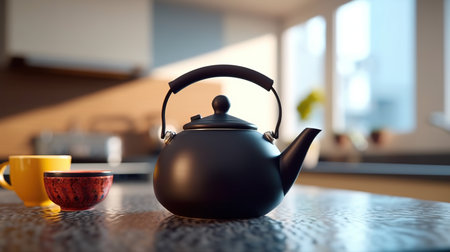 Close up of a teapot on a table in the kitchenの素材