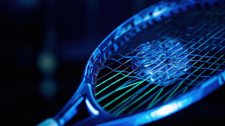 Tennis racket and ball close-up. Blue toned.の素材