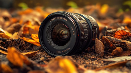 Camera lens on the ground in autumn forest. Selective focus.の素材