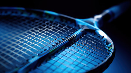 Tennis racket on a dark background. Close-up. Selective focusの素材