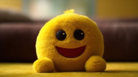 Funny yellow toy smiley sitting on the floor in the living roomの素材