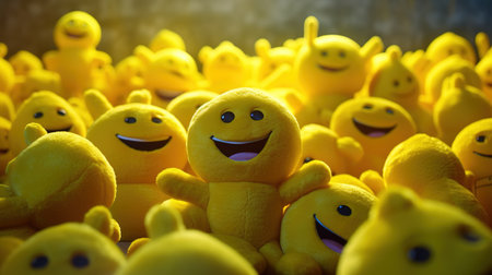 Group of yellow toy smiley face on soft focus background with copy space.の素材
