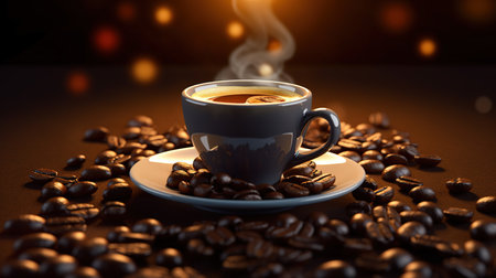 Coffee cup and coffee beans on brown background. 3d renderingの素材