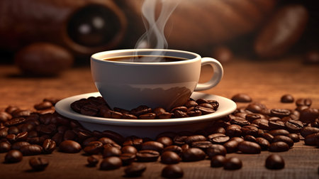 Coffee cup and coffee beans on wooden table, close upの素材