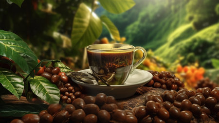 Coffee beans and cup of coffee on nature background. 3d illustrationの素材