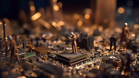 Miniature people standing on a computer motherboard. 3d illustration.の素材