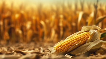 Ripe corn on the cob in the field. Autumn harvest.の素材