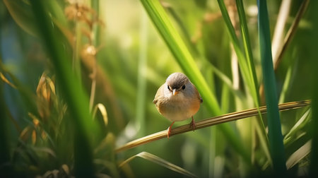 A little bird on a branch in the grass in the sunlight.の素材