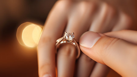 wedding ring in hand close-up on bokeh backgroundの素材