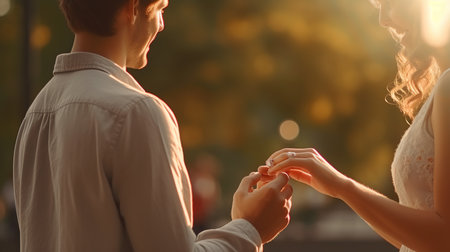 Close-up of a loving couple holding hands on the background of the setting sunの素材
