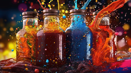 Colorful paint splashing from bottles on colorful bokeh backgroundの素材
