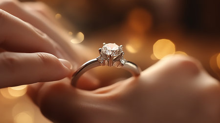 Beautiful engagement ring in hands on blurred lights background, closeupの素材