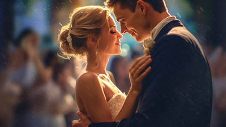Beautiful bride and groom embracing and kissing on their wedding day.の素材