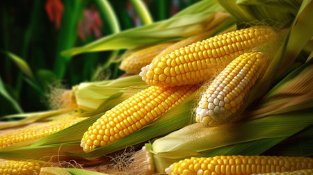 Fresh corn on the cob on a green background, close-upの素材