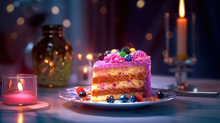 Birthday cake with candles in the background. 3d rendering.の素材