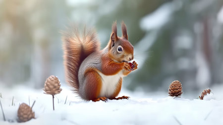 Squirrel eating nuts in the winter forest. 3d rendering.の素材