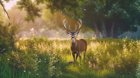 Whitetail Deer Buck at Sunset in the Forest. 3d Renderingの素材