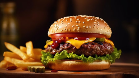 Cheese burger - American cheese burger with Golden French fries on wooden boardの素材