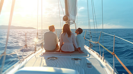 Couple sitting on the deck of a sailing yacht at sunset.の素材