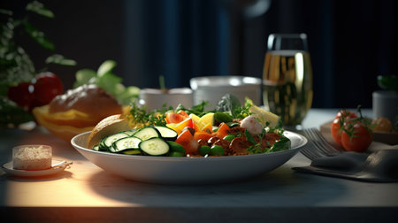 Fresh vegetable salad with tomatoes, cucumbers, olives and dillの素材