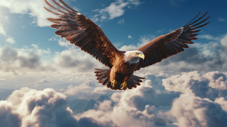 3d rendering of a Bald Eagle flying in the sky with cloudsの素材
