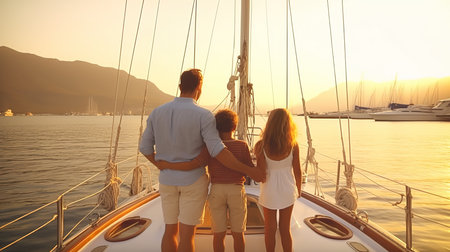 Happy family on a yacht at sunset in the Bay of Kotor, Montenegroの素材
