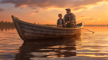 Father and son fishing in a boat on the lake at sunset.の素材