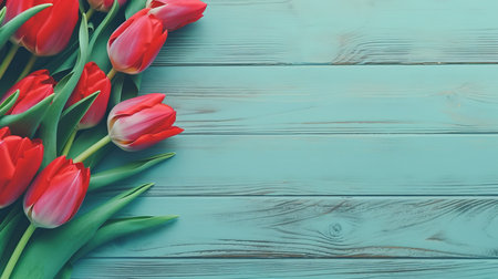 Red tulips on blue wooden background. Top view with copy spaceの素材
