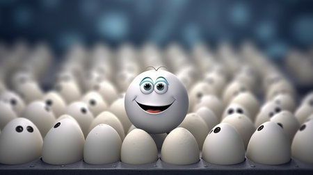 Happy white egg with smiley face standing in a row of eggsの素材