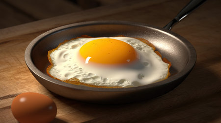 Fried egg in a frying pan on a wooden table. 3d illustrationの素材