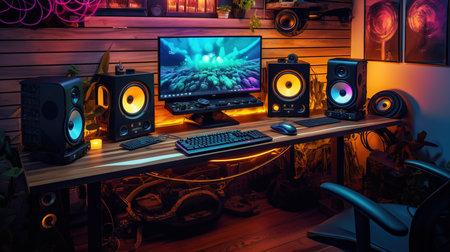 Professional sound system with speakers and computer monitors. 3d rendering.の素材
