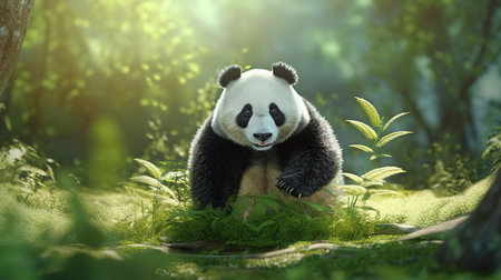 A giant panda in the bamboo forest. 3d rendering.の素材