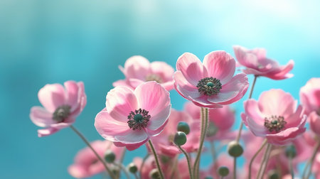 Pink anemone flowers on blue sky background. Floral backgroundの素材