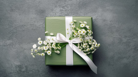 Green gift box with white bow and gypsophila flowers on grey backgroundの素材