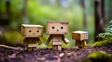 Conceptual image of a group of cardboard boxes in a forestの素材
