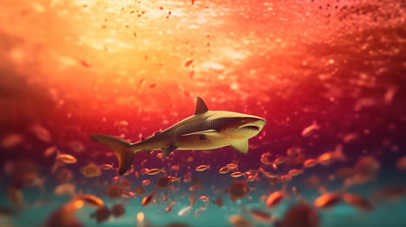 3d render of a shark swimming in the sea with orange backgroundの素材