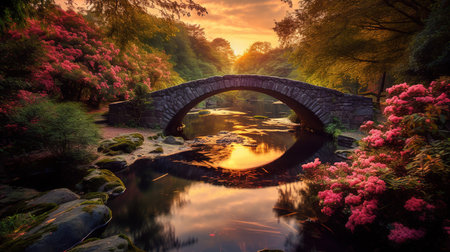 Rhododendron garden and bridge at sunset, England.の素材