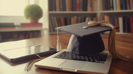 Graduation cap and diploma on laptop computer. Online education concept.の素材