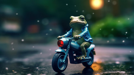 Frog on a motorcycle in the rain. Selective focus.の素材