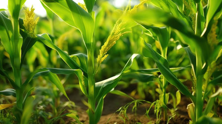 Close-up of young corn plants in the field. Agriculture.の素材