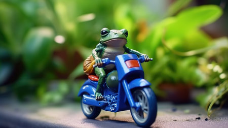 Frog on a blue motorcycle. Selective focus. nature.の素材