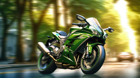 3d rendering of a green sports motorbike on a blurred backgroundの素材