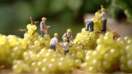 Miniature people working in vineyard. Concept of winemakingの素材