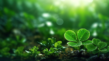 Green clover leaves with sunbeams and bokeh backgroundの素材