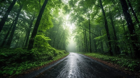 Morning in the forest with a foggy road and green trees.の素材