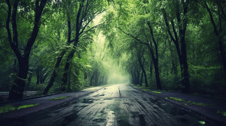 Road through the green forest in a foggy day. 3d renderingの素材