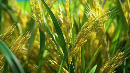 Close up of ripe golden rice in field. Selective focus.の素材